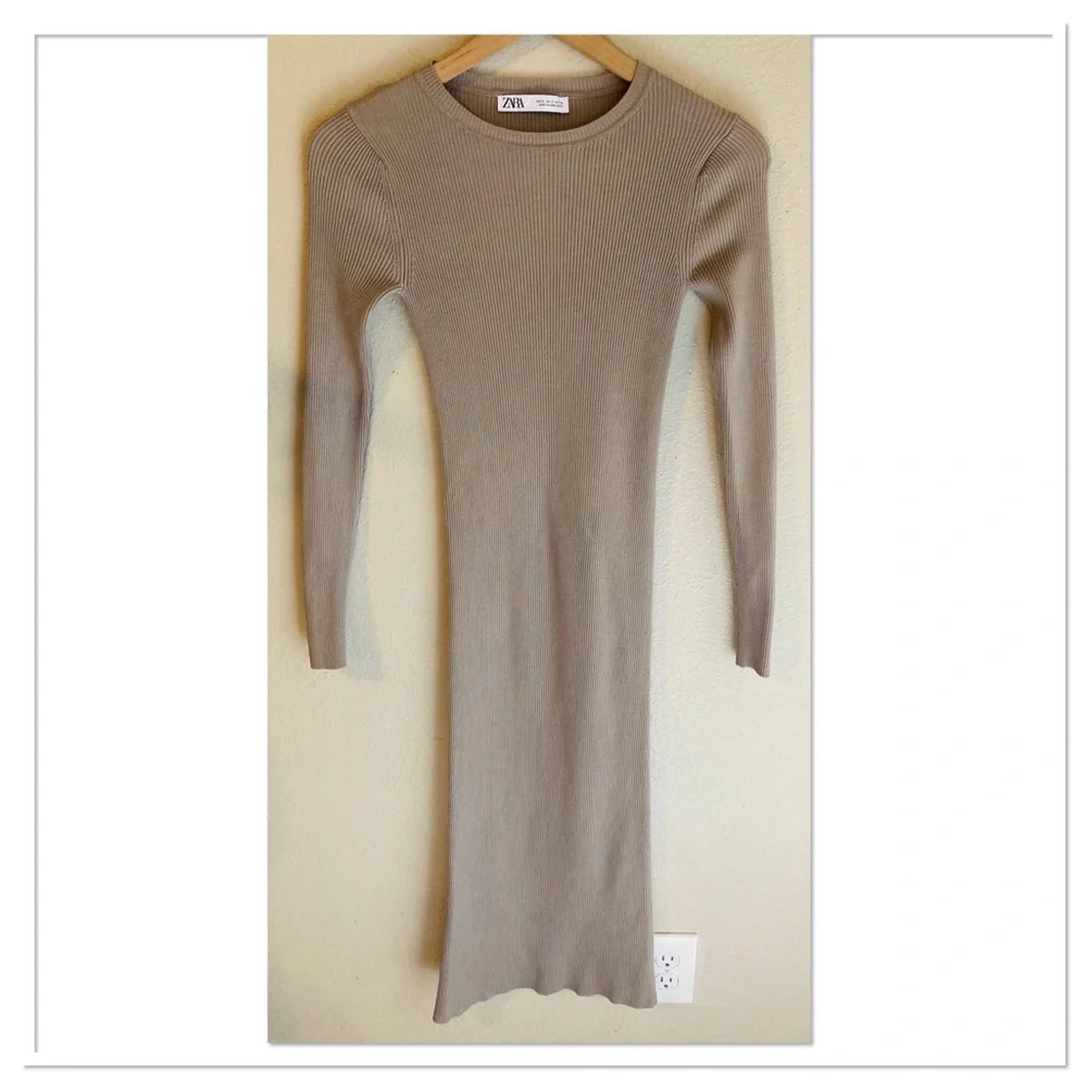 Zara Ribbed Knit Midi Dress Beige Taupe Size Small